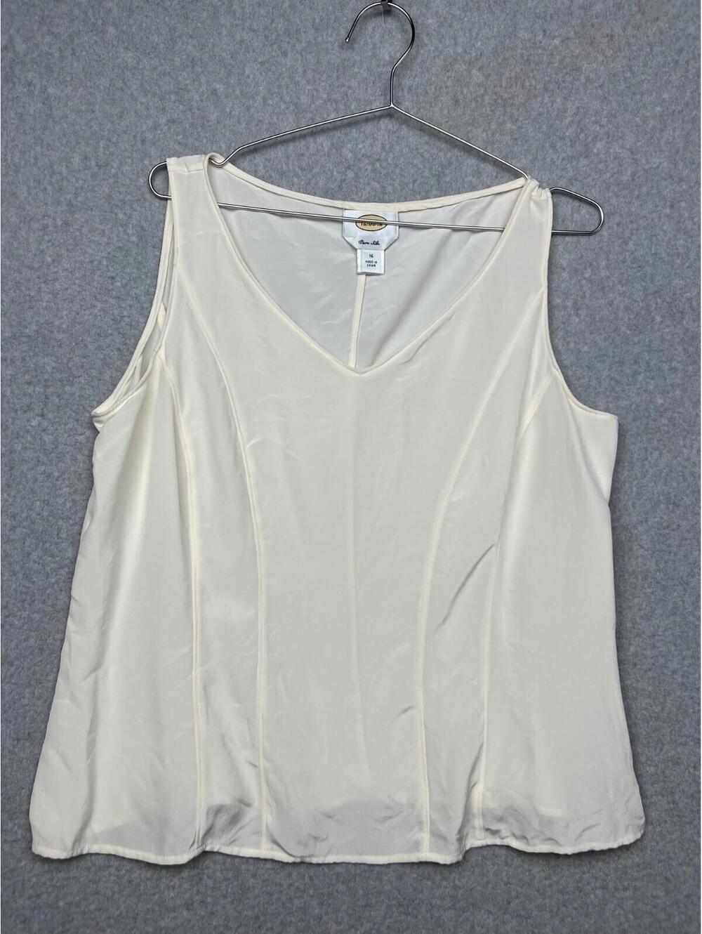 Talbots Pure Silk Sheer Fitted Blouse Womens 16 Ivory Sleeveless V Neck Office